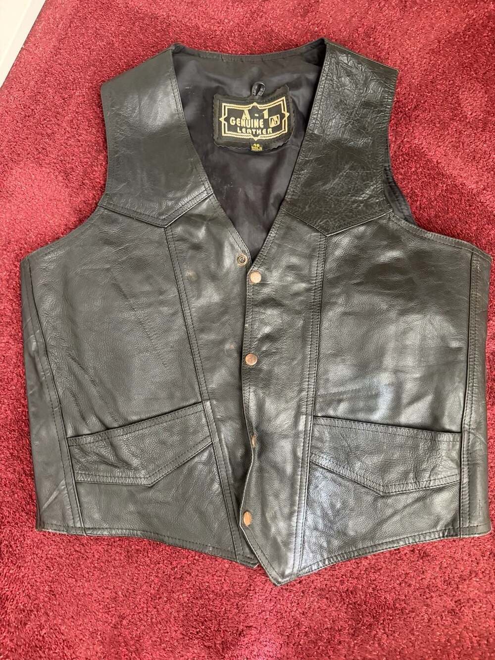 A-1 Genuine Leather Black Motorcycle Biker Vest Size 46